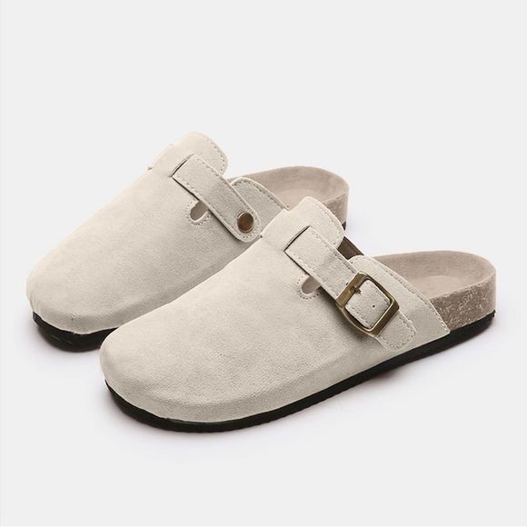 Beige Colored Suede Closed Toe Buckle Slide - Picture 3 of 5